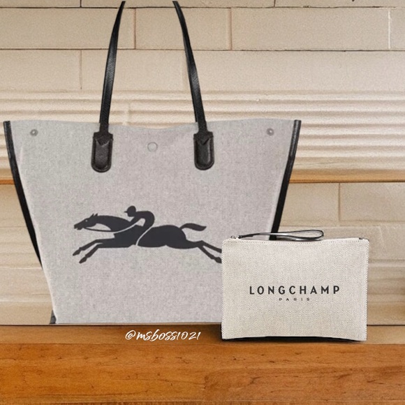 Longchamp Essential Toile Large Canvas Tote + Pouch in Ecru NWT - Picture 2 of 12